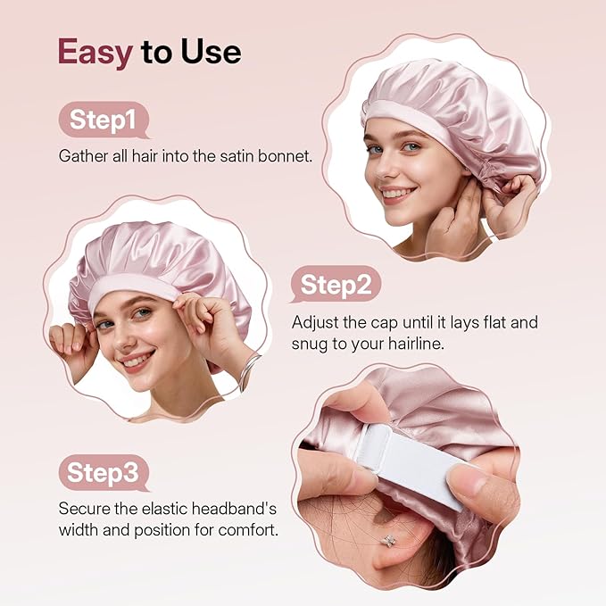 LitBear Silk Bonnet for Sleeping Women, Adjustable Double Layer Satin Silk Hair Bonnet with Scrunchies for Curly Natural Hair