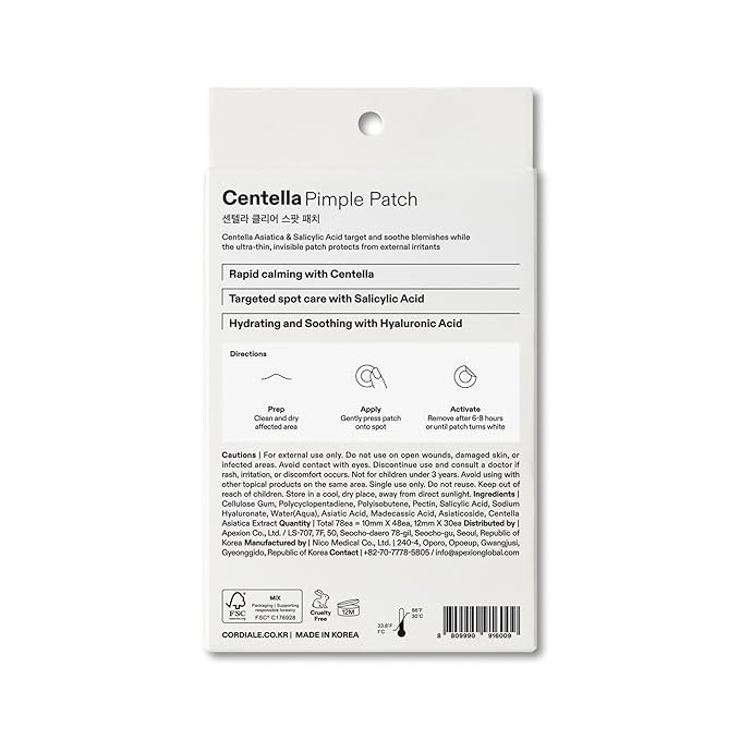 Cordiale Centella Pimple Patches with Salicylic Acid & Hyaluronic Acid, Hydrocolloid Acne Spot Patches for Face & Chin, Invisible Zit/Blemish Stickers, Korean Skin Care (78 Count, 2 Sizes)