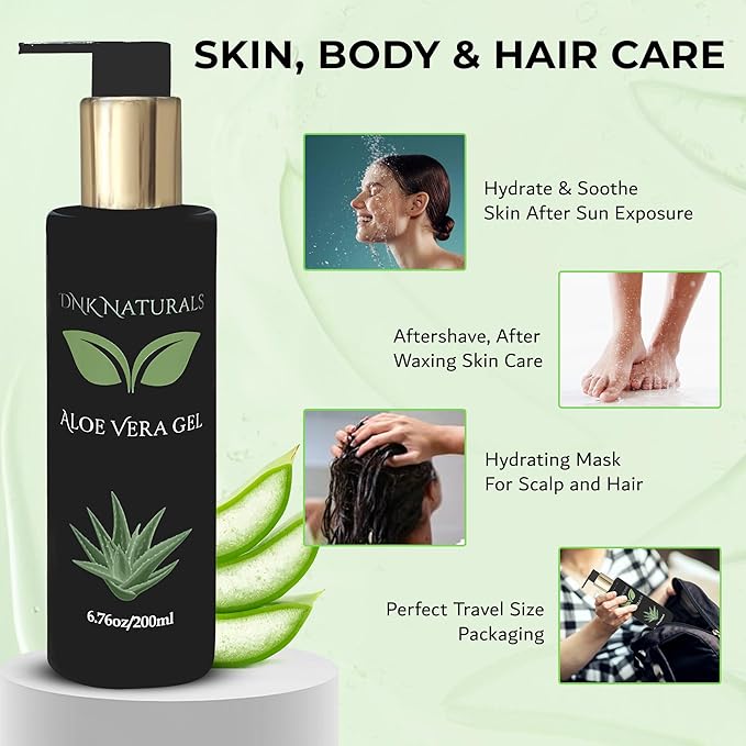 DNK Naturals Aloe Vera Gel made from fresh 100% Pure Aloe - Sunburn Relief - Calms Irritated Skin - Hydrates - With Niacinamide - For Face, Body, and Hair - Vegan, No Fragrance - 200ml