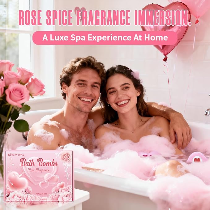 Valentines Bath Bombs for Women, XXL 4-Pack Handmade Natural & Organic Rose Essential Oil, Valentines Day Gifts for Her Him, Valentines Day Basket Birthday Gifts for Wife Daughter Girlfriend Coworkers
