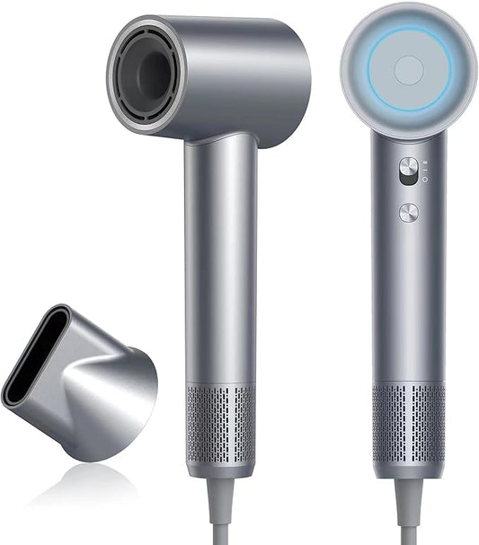 Hair Dryer, zhiyangfei Negative Ion Blow Dryer, 110, 000 RPM Brushless Motor, 3 Heat Settings, 360° Rotating Magnetic Nozzle, High-Speed Low Noise Hair Dryer for Home and Trave (Silver Blue)