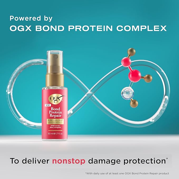 OGX Repair & Protect Bond Protein Repair 3-in-1 Oil Mist, Multi-Benefit Hair Oil Protects Dry, Damaged Hair Against Frizz, Strengthens, & maintains Shine, 1.7 fl. oz