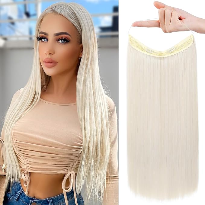 REECHO Invisible Wire Hair Extensions with Transparent Headband Adjustable Size Removable Secure Clips in Straight Secret Hairpiece for Women - 16 Inch,Platinum Blonde