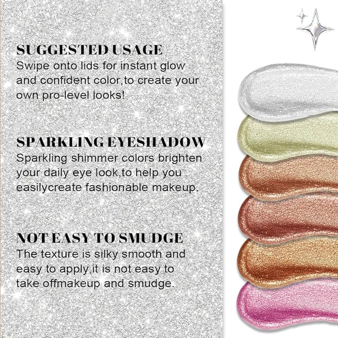 SUAKE Liquid Sparkling Glitter Eyeshadow Stick Pack - High Pigment Shimmer Metallic Eye Shadow, Long-Lasting, White Blue Black Gold Purple Bold Colors,Quicking-Dry (1#-6#, Pack of 6)