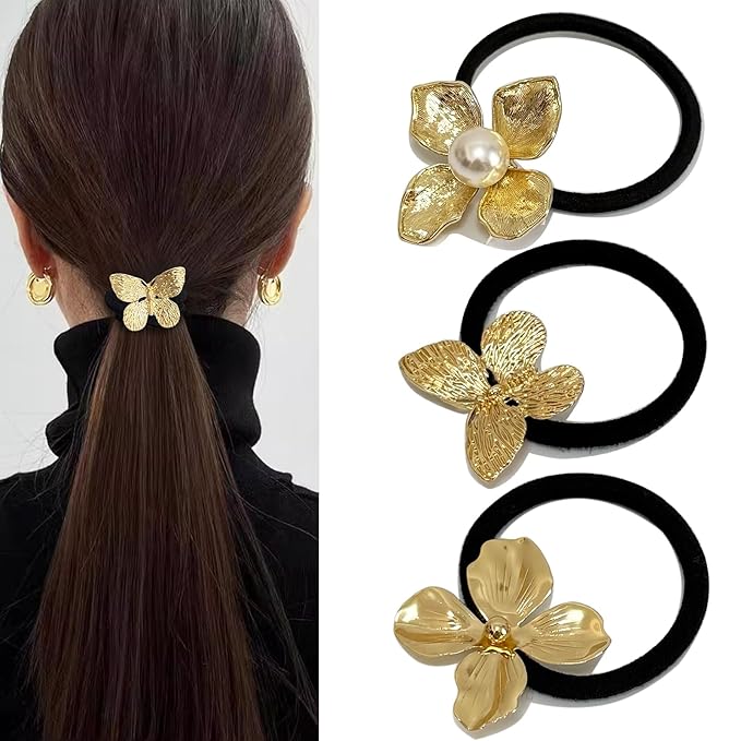 3PCS Golden Metal Hair Ties – No Damage Thick Band, High Elasticity, Durable, Stylish Golden Geometric Ponytail Holders Hair Accessories for Women