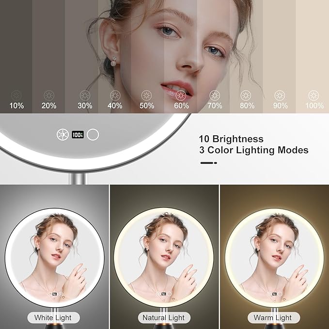 10.5" Professional Makeup Mirror with Lights, Rechargeable HD Vanity Mirror, CRI≥98 True-Sunlight, 3 Color Modes & Stepless Dimming, 5000mAh, Valentines Day Gifts for Her