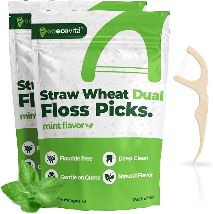 Dual Thread Dental Floss Picks - Straw Wheat Flossers | Thin & Shred-Resistant Thread for Tight Gaps | Dental Flossers for Adults | Gentle on Gums & Teeth (100 Pack, Mint)