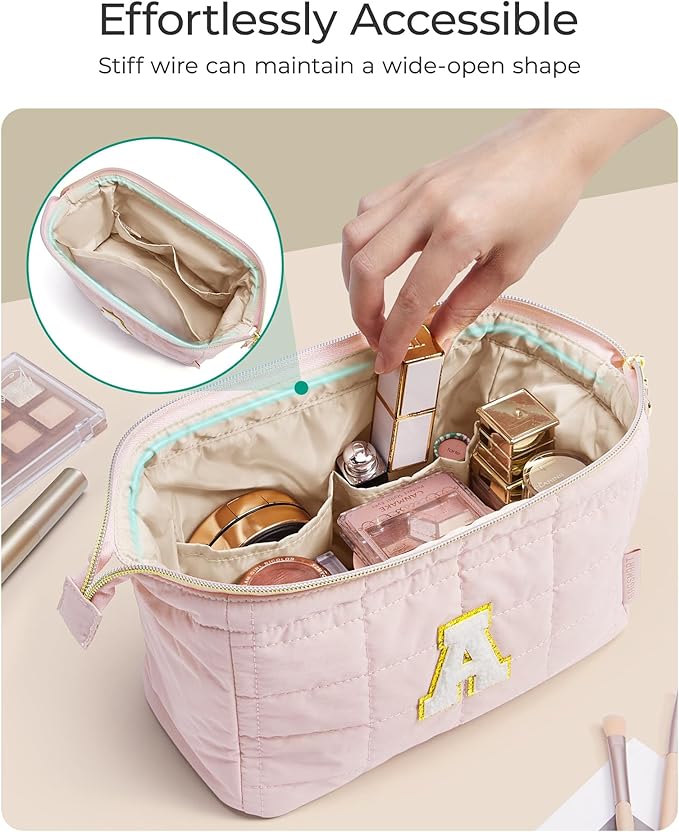 BAGSMART Birthday Gifts Personalized Initial Makeup Bag, Trendy Stuff Gifts for Women Bridesmaid Graduation, Puffy Padded Make Up Bags for Women, Wide-open Toiletry Bag, Pink C