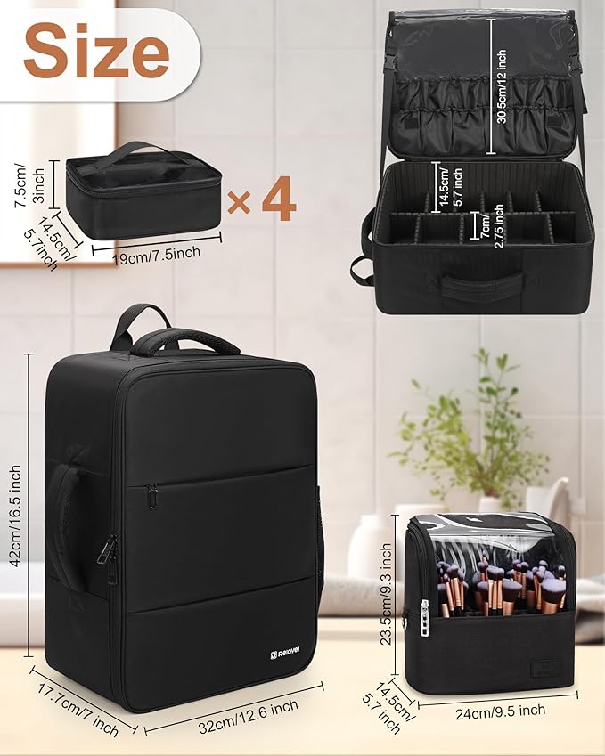 Relavel Makeup Backpack with Makeup Brush Case, Extra Large Travel Train Case Professional Artist Kit Set Bag with 4 Clear Bags, Brush Storage Organizer Box for Cosmetic Hair Tools, Black