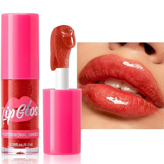 Lip Plumper Gloss Glitter Tinted Plumping Lip Gloss For Women Hydrating Long Lasting Shimmer Moisturizing Glossy Non Sticky Lip Gloss (05# Nude Pink)