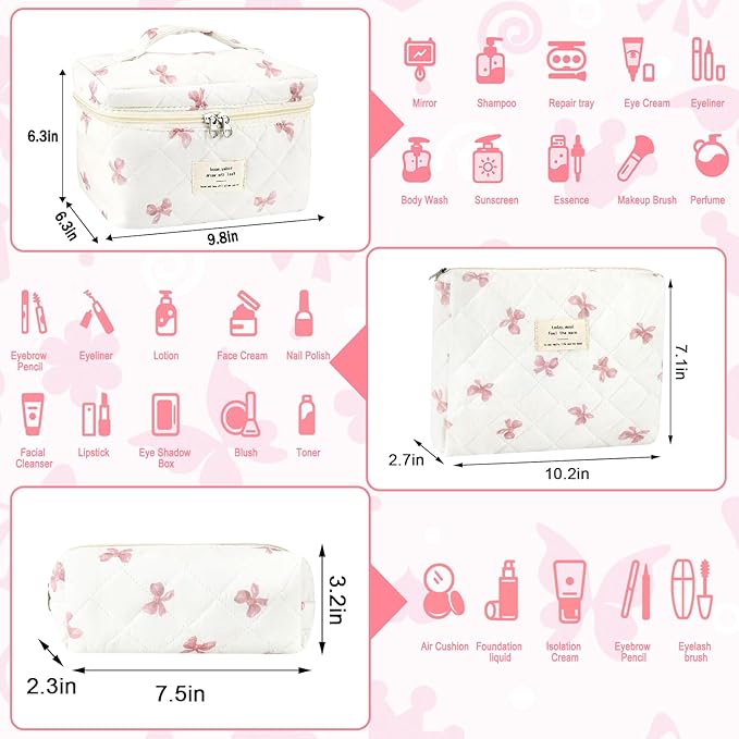 URSKYTOUS 3Pcs Cotton Quilted Makeup Bag for Women Extra Large Coquette Small Floral Travel Cosmetic Bag Set Aesthetic Cute Bow Makeup Pouch Portable Toiletry Bag Puffy Essential Storage Organizer