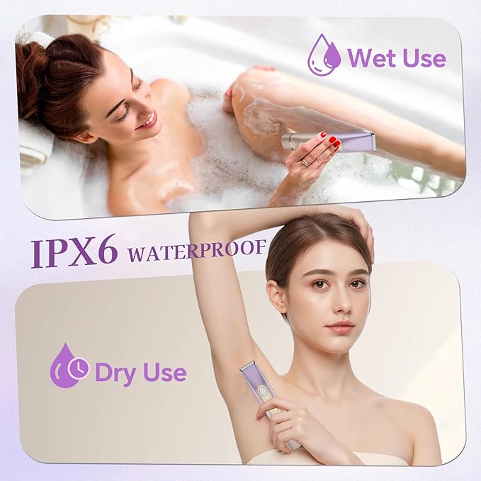 Bikini Trimmer for Women, 2-in-1 Dual Head Electric Razor, IPX6 Waterproof Wet/Dry Use Women Electric Shaver, Painless Body Hair Trimmer, Facial & Pubic Hair Remover for Underarm, Leg, Arm, Purple