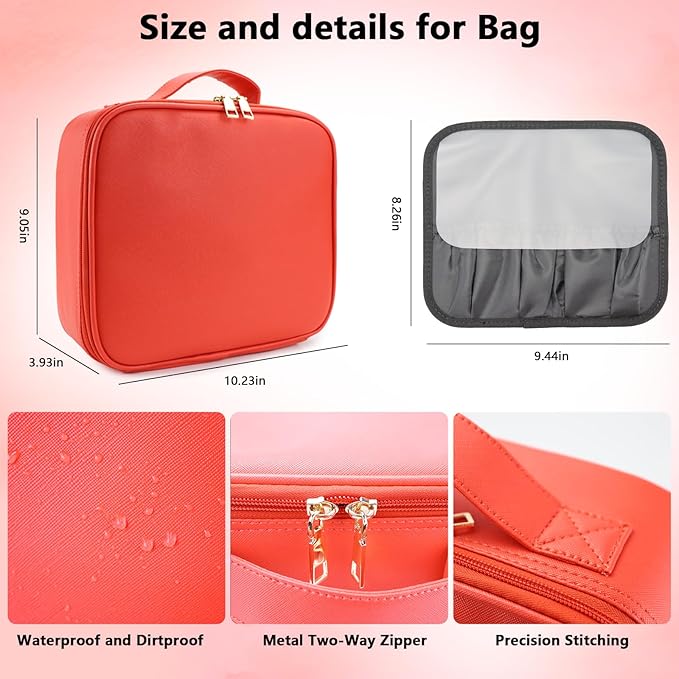 SLUMAZI Travel Makeup Bag with LED Mirror Travel Makeup Organizer with 3 Lighted Settings, Adjustable Dividers and Makeup Brush Storage Bag Red