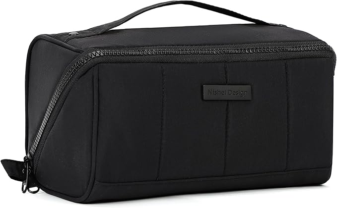 NISHEL Travel Makeup Bag for Women, Fluffy & Lightweight Open Flat Cosmetic Organizer with Multiple Functional Divider for Brush Independent Storage, Handle for Easy Portability, Black