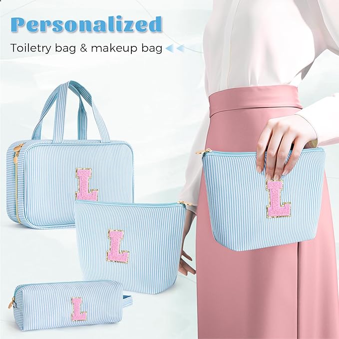 Fystdtote Birthday Gifts for Women - Birthday Gifts Idea for Her Friends Female Teacher | Personalized Cute Cosmetic Bag for Girlfriend | 3 Pieces Toiletry Makeup Pouch - Blue L