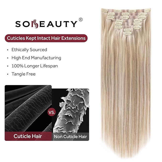 Clip in Hair Extensions Real Human Hair Seamless Clip Ins 100% Remy Hair Extensions PU Skin Weft Add Volume Ash Blonde Highlights Thick&Invisible #P18/613 20Inch 120G 8PCS