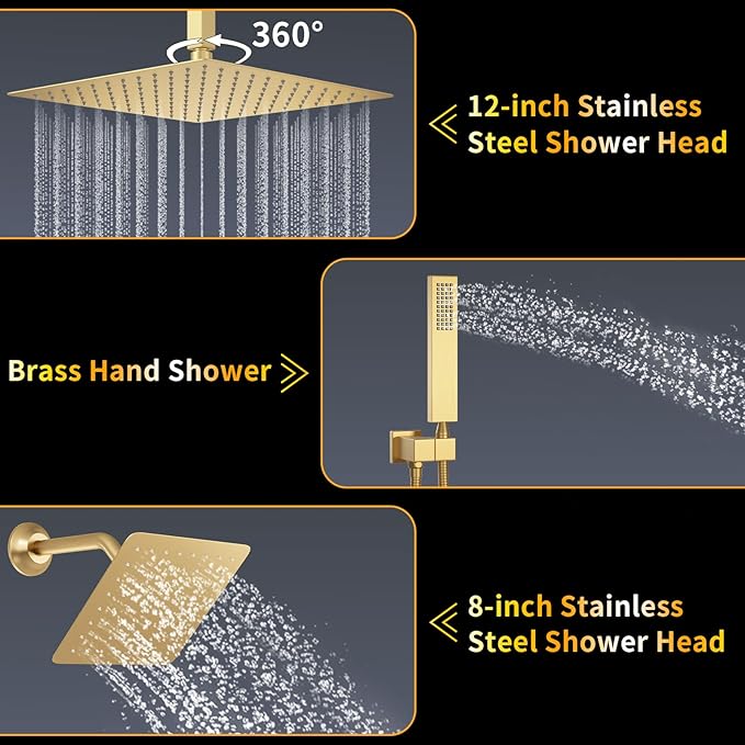 AYIVG Brushed Gold Thermostatic Rainfall Shower System 12 Inch And 8 Inch Dual Square Shower Head System Ceiling Mount Temperature Display Shower Faucet Set With Handled Spray