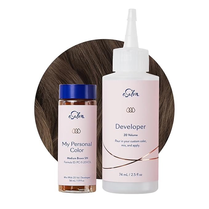 eSalon Permanent Hair Color & Dye Kit - Medium Brown - Personal Colorist for Up To 100% Gray Coverage, All Hair Types - Professional-Grade Ammonia-Free Hair Dye