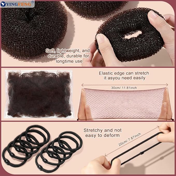 YINGFENG 134 Pcs Brown Hair Bun Maker Kit Medium - 4 Bun Hair Pieces for Women, 20 Hair Net for Buns, 100 Bobby Pins for Women, 10 Hair Bands, for Ballet Styling, Hair Accessories for Girls