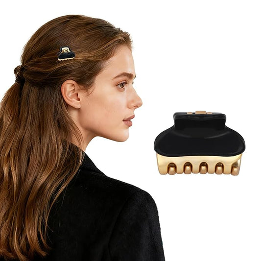 1.2" Mini Claw Clips for Women Girls - Minimalist Double-Layer 18K Gold Painted Hair Clips for Thin Short Hair, Small Non-Slip Luxury Hair Accessories for Daily Face Wash & Makeup,Black