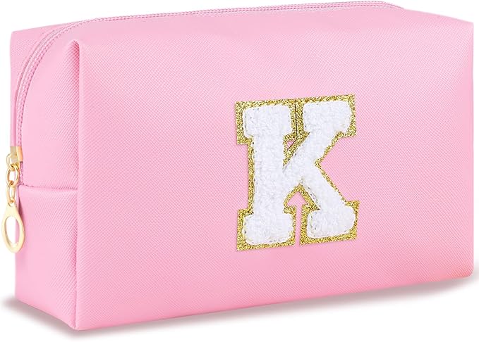 URSKYTOUS Initial Preppy Makeup Bag Travel Small Cosmetic Bag Cute Pink Personalized Preppy Makeup Pouch Zippered PU Toiletry Bag Christmas Birthday Gifts for Women Mom Teacher Friends(K)