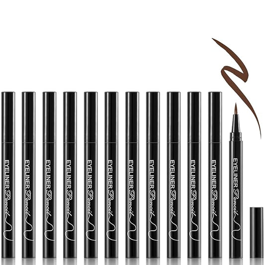 12 Pcs Brown Eyeliner Pen, Long-Lasting & Waterproof Eyeliner, Quick-Drying Eye Liner Liquid Liner, Smudge-Resistant Brown Eye Liner for All Skin Tones & Types, Highly Pigmented Eye Makeup