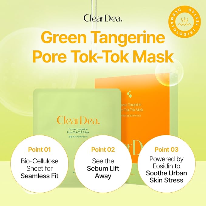 ClearDea Green Tangerine Pore Tok-Tok Sheet Mask (3-in-1 Bio-Cellulose Gel) (Eosidin Care) – Pore Care, Sebum Control, Collagen Peel Off Facial Skincare for Deep Cleansing & Smooth Skin, 4 Sheets