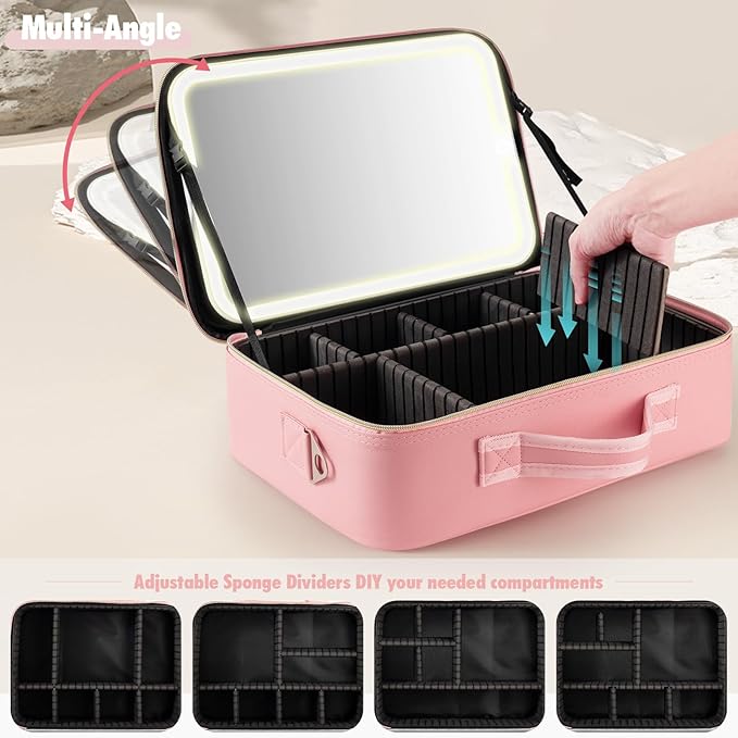 Suupvaor 15''X11'' Large Makeup Bag with Removable Lighted Mirror, Professional Travel Makeup Train Case PU Leather Cosmetic Make up Organizer with Adjustable Dividers & Brush Storage Board