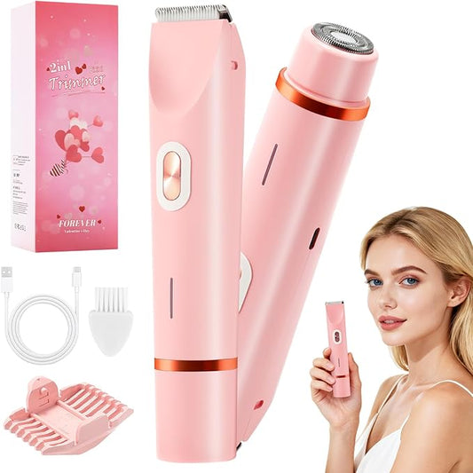 2 in 1 Women Electric Shaver Dual Head Bikini Trimmer for Women IPX7 Waterproof Wet & Dry Use Body Hair Trimmer and Facial Hair Remover for Bikini Underarm Leg Arm Body Face