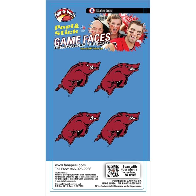 NCAA Arkansas Razorbacks 4-Pack Waterless Tattoo Razorbacks (Logo)