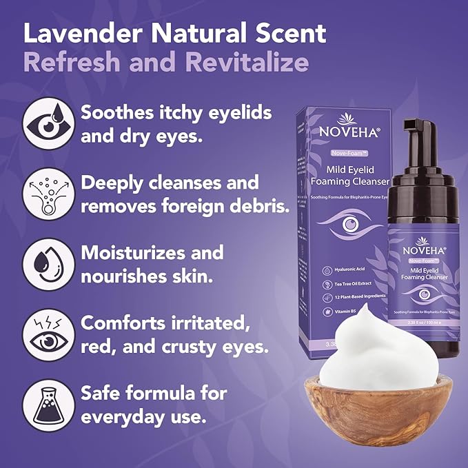 NOVEHA Lavender and Tea Tree Oil Eyelid Foaming Cleanser | Hydrating Hypoallergenic Daily Soap For Eyelashes and Lids, For Demodex, MGD, Stye Eye, Eye Irritations & Dry Skin | 3.38 fl oz (3PK - 100ml)