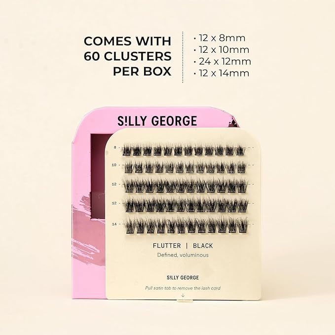 Silly George Pop-On Lashes - DIY 1-Step Pre-Glued Faux Eyelash Clusters, Natural Look Extensions, Black - Flutter, 5-7 Pair Set, Pack of 60 Clusters