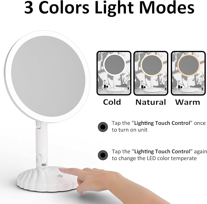 Portable Travel Vanity Mirror with Lights,Interchangeable Mirror Design,1/15X Magnifying Mirror,Stepless Adjustable Lighted Makeup Mirror,3 Color Modes,Desk or Travel Use