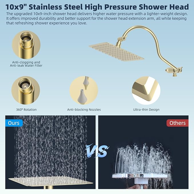 Hibbent All Metal CUPC Certified Shower Head, 10'' High Pressure Rainfall Shower Head, Handheld Showerhead Combo, 12'' Adjustable Extension Arm, 10 Sprays, 71'' Hose, Shower Holder, Polished Brass