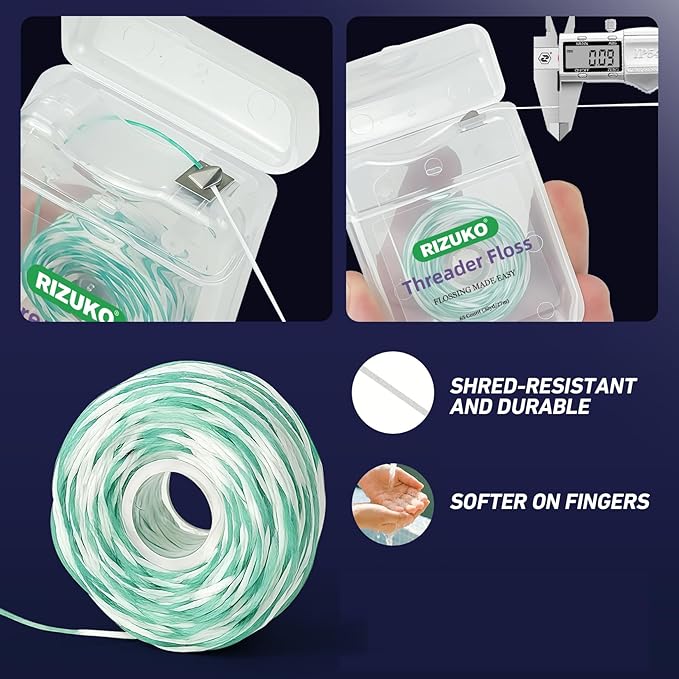 Threader Floss,2-in-1 Dental Floss for Braces, Bridges & Implants,Easy Threading Design,130 Count PTFE & PFAS Free Expanding Floss for Deep Cleaning (65 Count(Pack of 2), Light Mint)