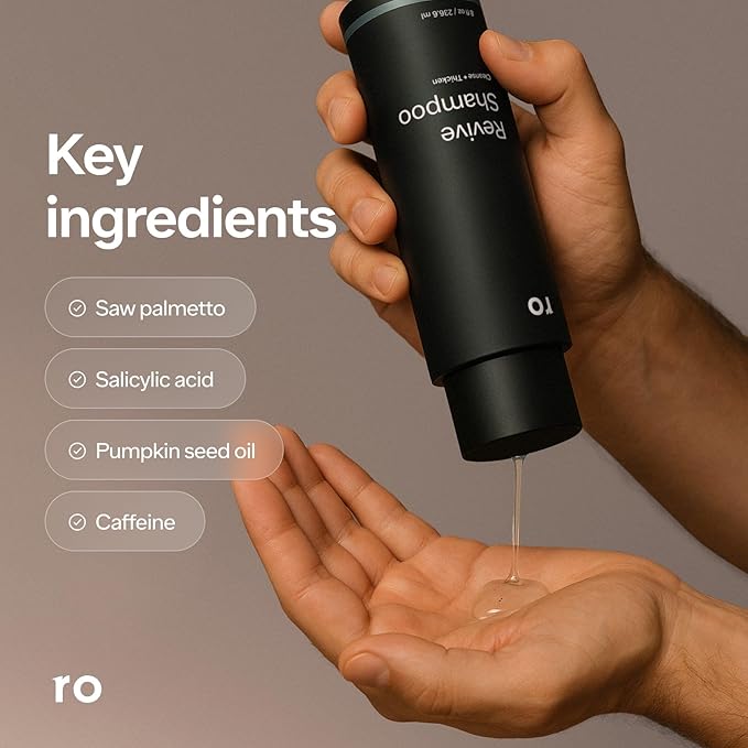Ro Men's Revive Shampoo, Exfoliates & Clarifies with Peppermint, Cleanses for Thicker-Looking Hair, With Saw Palmetto, Pumpkin Seed Oil, Caffeine, Without Sulfates, Parabens, Phthalates, 8 fl oz