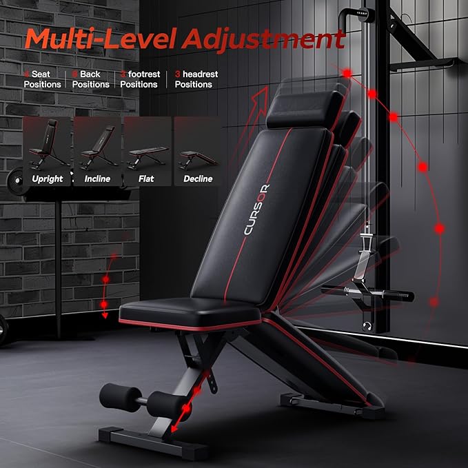 CURSOR FITNESS Adjustable Weight Bench with Adjustable Headrest 900 LBS