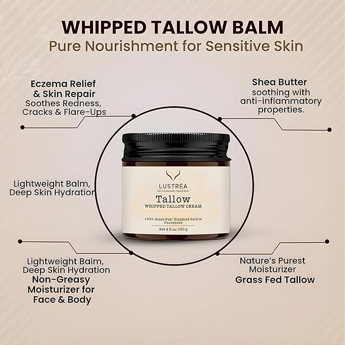 Whipped Tallow Cream for Face & Body 4oz | Grass Fed Beef Tallow Moisturizer | Face Cream for Dry Skin & Sensitive Skin | Beef Tallow Balm, Non-Greasy Daily Skincare (120 gram, Vanilla Lavender)