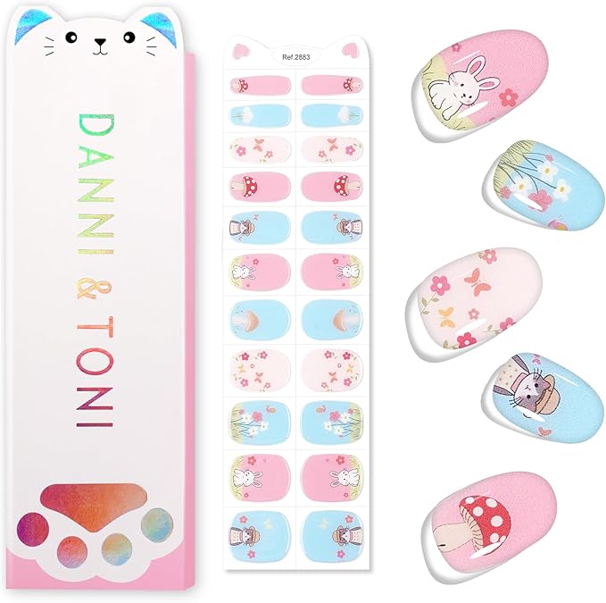 DANNI & TONI Kids Gel Nail Strips Cat Bunny Flowers Mashroom Salon-Quality Peel & Stick Manicure for Children (Age 6+)– Safe, Long-Lasting, Easy to Apply | Purr & Hop