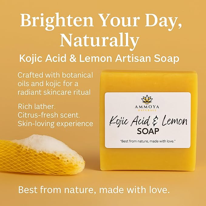 Ammoya Naturals Revitalizing Lemon Soap – Kojic & Turmeric Goat Milk Soap Bar with Essential Oils – Gentle Cleanser for Radiant, Glowing Skin, 4 oz
