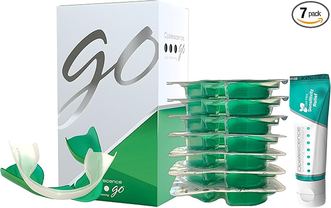 Opalescence GO 15 Mint Whitening Bundle - (7 Treatments) Hydrogen Peroxide Prefilled Teeth Whitening Trays and Travel Whitening Sensitivity Toothpaste 1 Oz - Mint Flavor - 6288-1