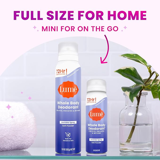 Lume Invisible Spray Deodorant For Women Two Pack - Full Size & Mini Whole Body Deodorant Spray - 72 Hr Odor Control - Aluminum & Baking Soda Free - 2 Piece Bundle - 3.6 oz & 1.0 oz (Soft Powder)