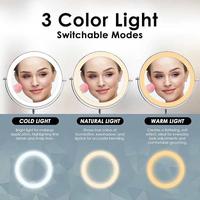 Magnifying Mirror with Light，1X/10X Double Sided Makeup Mirror with Lights and Magnification with Adjustable Height and 3 Colors Vanity Mirror with Lights for Vanity or Bathroom