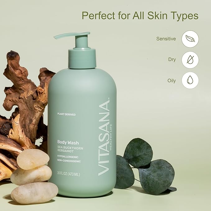 Vitasana Natural Body Wash for Sensitive Skin, 16 oz – Sea Buckthorn & Bergamot Scent, 98.9% Plant‑Derived, EWG Verified, Hypoallergenic, Paraben‑Free, Sulfate‑Free, Cruelty‑Free