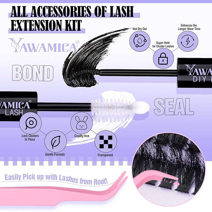 Yawamica Lash Clusters Kit DIY Lash Extension Kit with Bottom Lashes Fluffier Wispy Cluster Eyelash Extension 10-18MM 60D+80D Individual Lashes Kit with Lash Bond and Seal and Applicator for Beginners