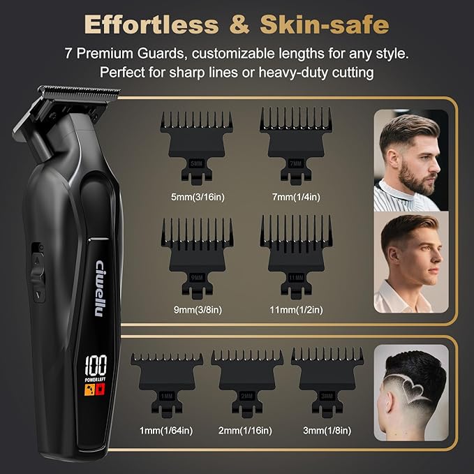 Hair Trimmer for Men, Professional Barber Liner & Beard Trimmer with Zero-Gap T-Blade Clippers,USB-C Fast Charge with 7 Guards for Hair/Body