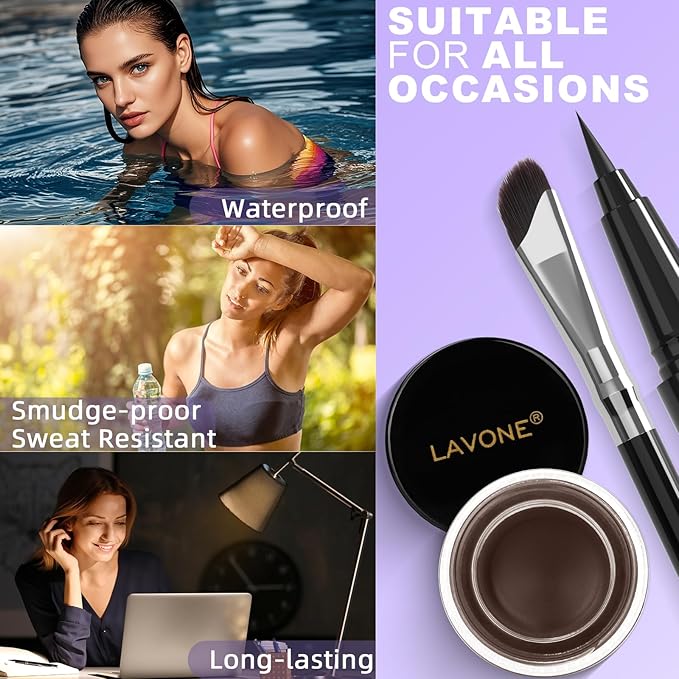 LAVONE Eyeliner Set - Waterproof Makeup Kit with Liquid Eye Liner Pencil, Gel Eyeliner and Angled Eye Liner Brush, Waterproof, Smudge Resistant, Long Lasting Formula - Espresso