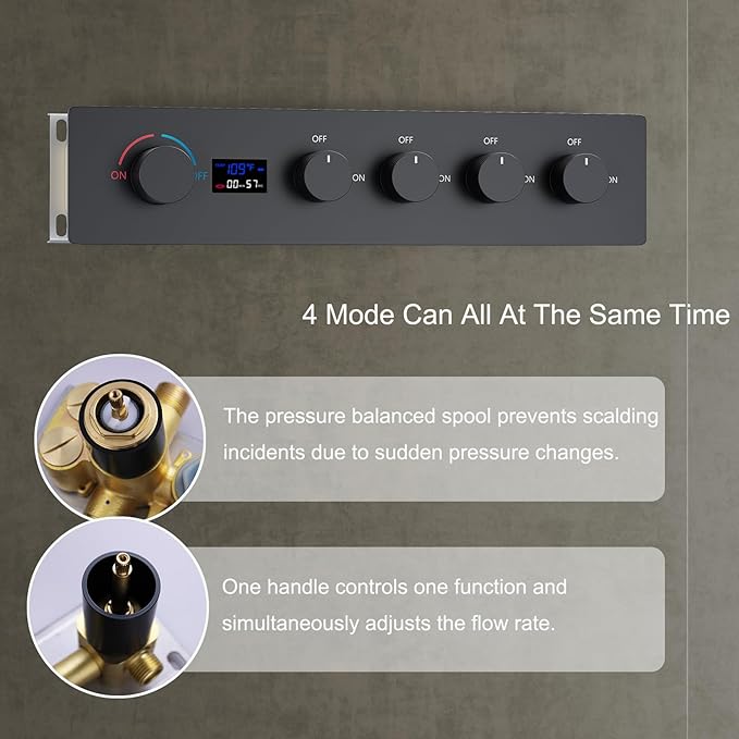 KATAIS Matte Black Shower System with Digital Temperature Display, 16x24 inch Ceiling Shower(Rain&Waterfall Modes), with 6 PCS Body Jet and Handheld Spray