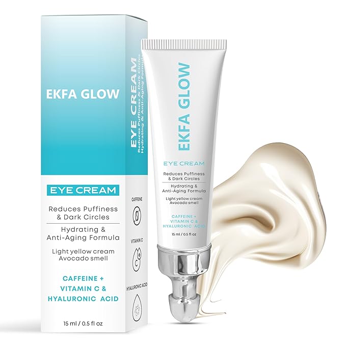 Ekfa Glow Caffeine Eye Cream for Dark Circles & Puffiness – Vitamin C + Hyaluronic Acid Anti-Aging Under Eye Cream for Women, Hydrating & Brightening, 15ml