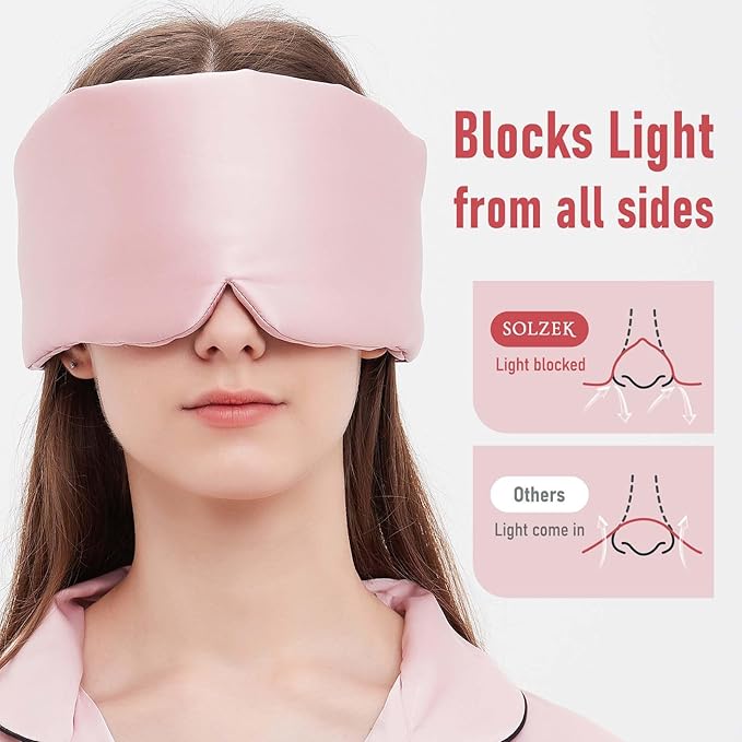 SOLZEK Silk Sleeping Mask Large Wrap-Around Blindfold with Adjustable Velcro Soft Blackout Eye Mask Women (Pink)
